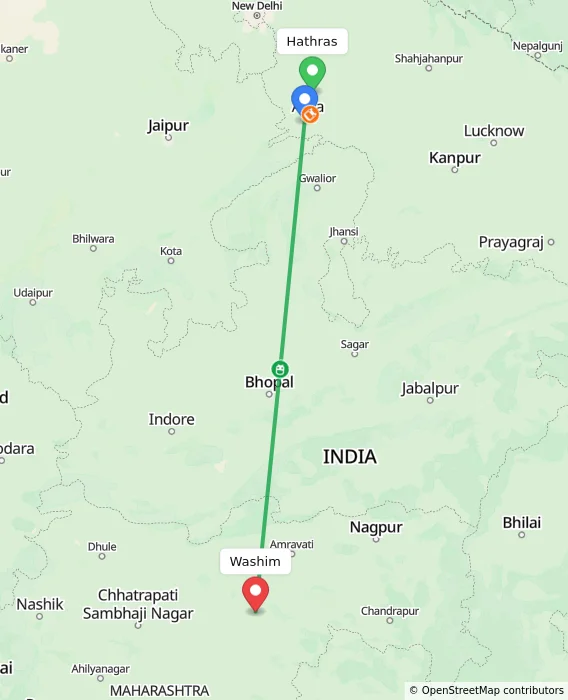 Route map showing distance and travel time from Hathras, India to Washim, India