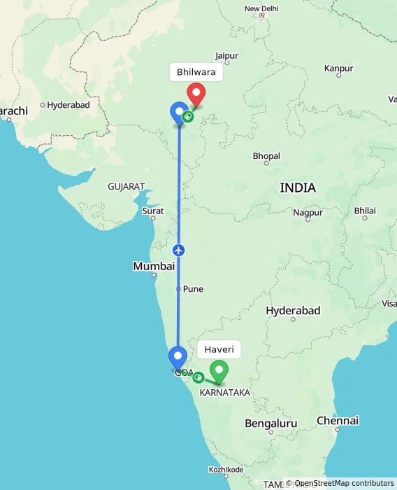 Route map showing distance and travel time from Haveri, India to Bhilwara, India