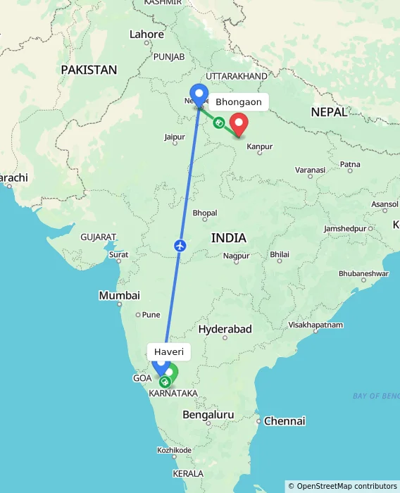Route map showing distance and travel time from Haveri, India to Bhongaon, India