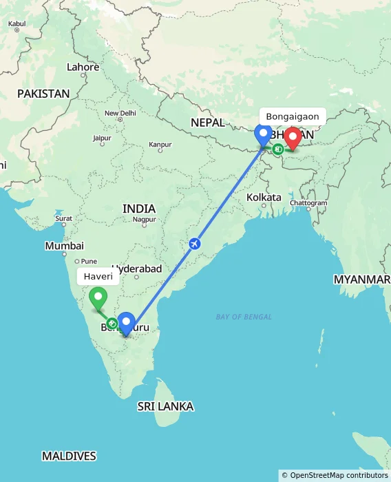Route map showing distance and travel time from Haveri, India to Bongaigaon, India