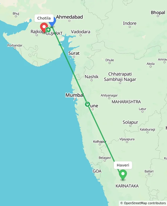 Route map showing distance and travel time from Haveri, India to Chotila, India