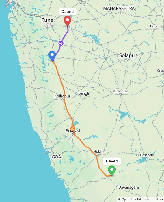 Route map showing distance and travel time from Haveri, India to Daund, India