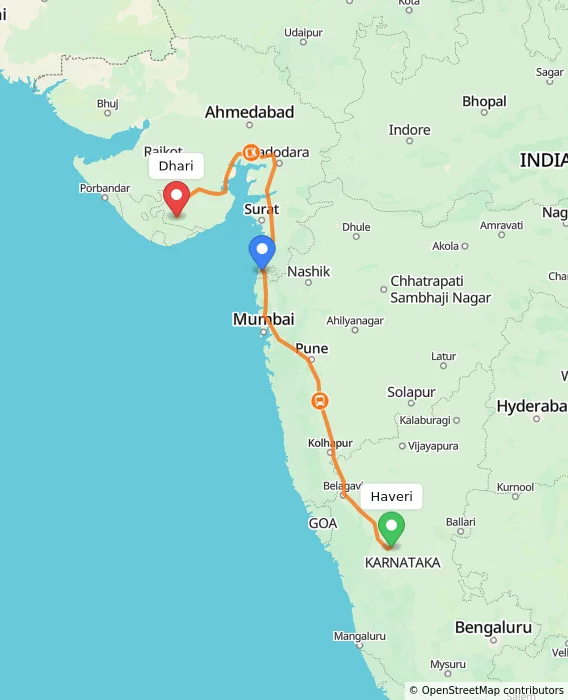 Route map showing distance and travel time from Haveri, India to Dhari, India