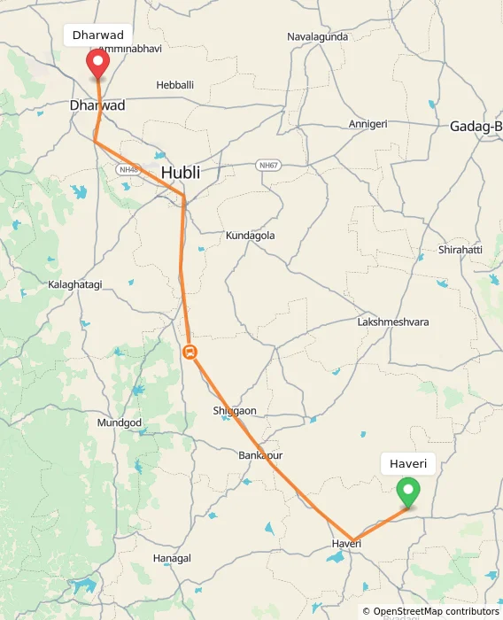 Route map showing distance and travel time from Haveri, India to Dharwad, India