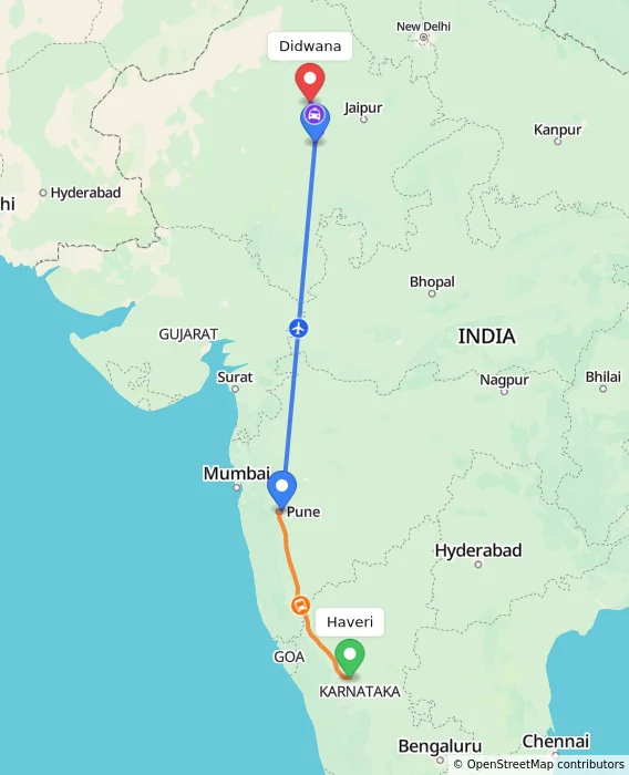Route map showing distance and travel time from Haveri, India to Didwana, India