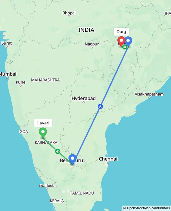 Route map showing distance and travel time from Haveri, India to Durg, India