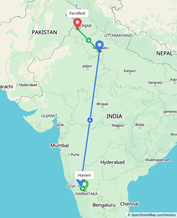 Route map showing distance and travel time from Haveri, India to Faridkot, India