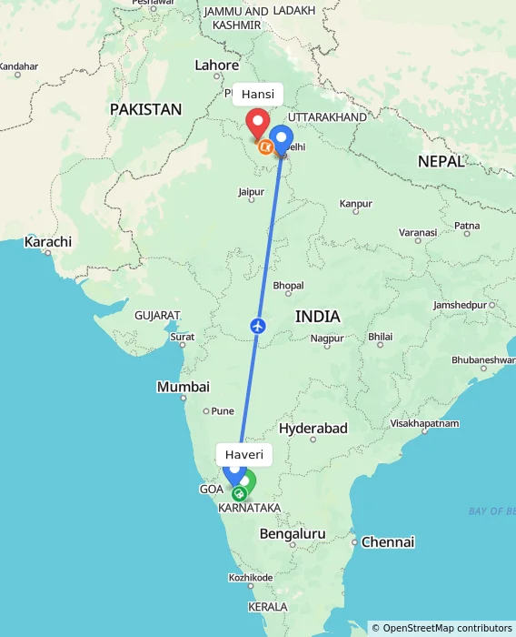 Route map showing distance and travel time from Haveri, India to Hansi, India