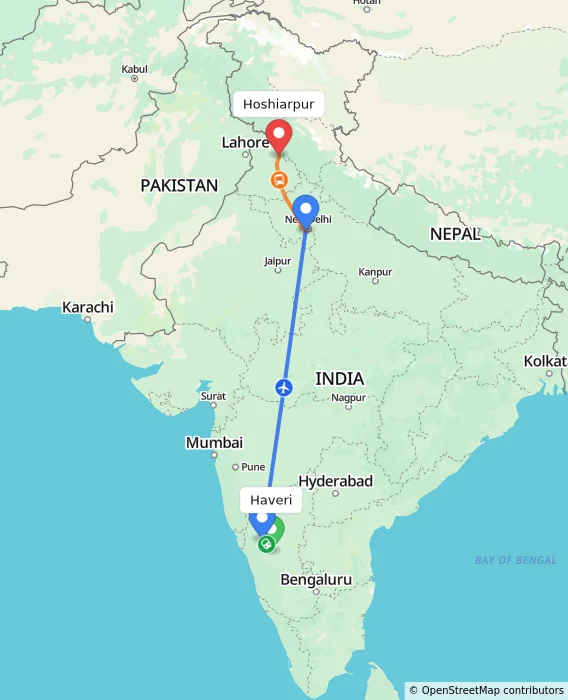 Route map showing distance and travel time from Haveri, India to Hoshiarpur, India