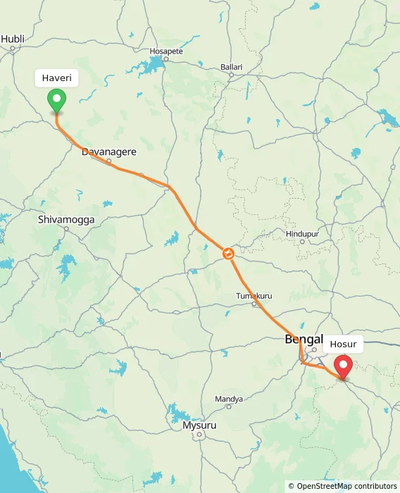 Route map showing distance and travel time from Haveri, India to Hosur, India