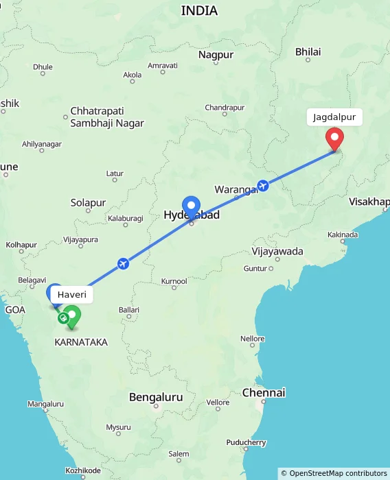 Route map showing distance and travel time from Haveri, India to Jagdalpur, India