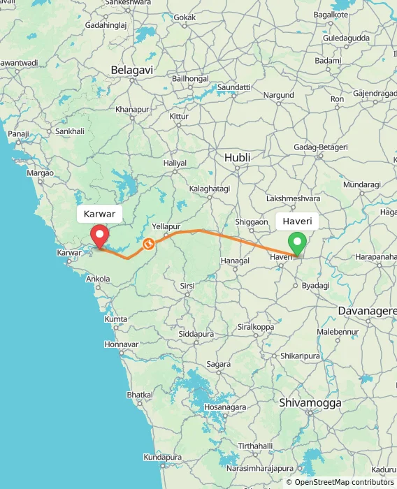 Route map showing distance and travel time from Haveri, India to Karwar, India