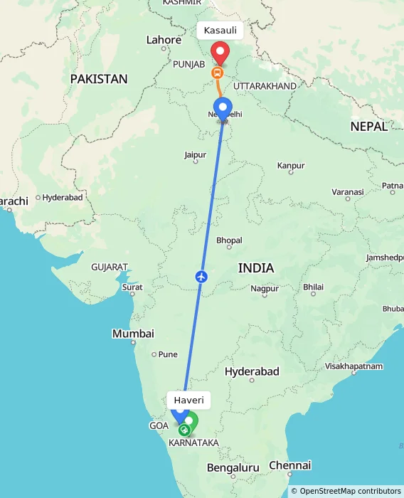 Route map showing distance and travel time from Haveri, India to Kasauli, India