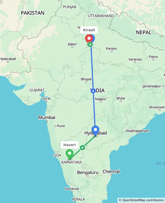 Route map showing distance and travel time from Haveri, India to Kiraoli, India