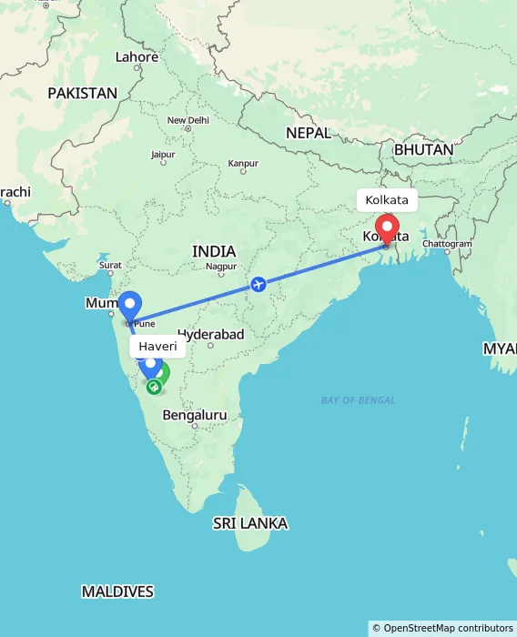 Route map showing distance and travel time from Haveri, India to Kolkata, India
