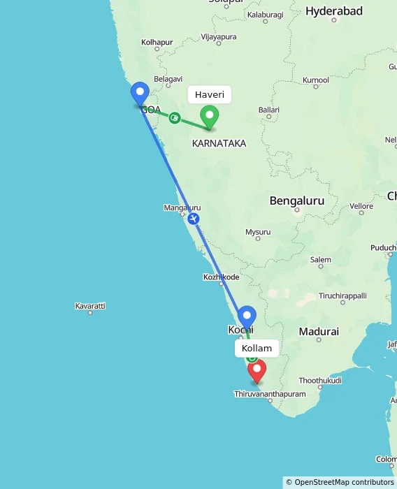 Route map showing distance and travel time from Haveri, India to Kollam, India