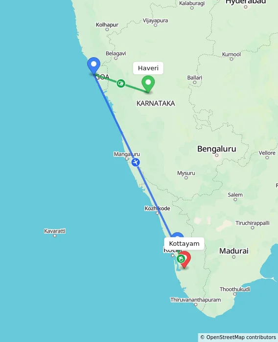 Route map showing distance and travel time from Haveri, India to Kottayam, India