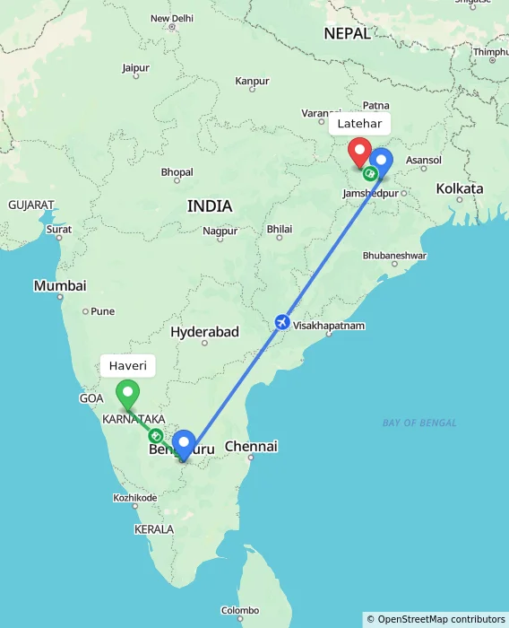 Route map showing distance and travel time from Haveri, India to Latehar, India
