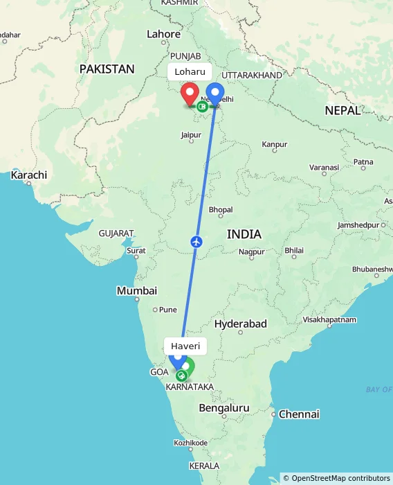 Route map showing distance and travel time from Haveri, India to Loharu, India