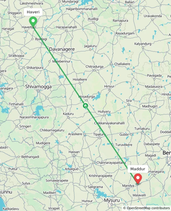 Route map showing distance and travel time from Haveri, India to Maddur, India