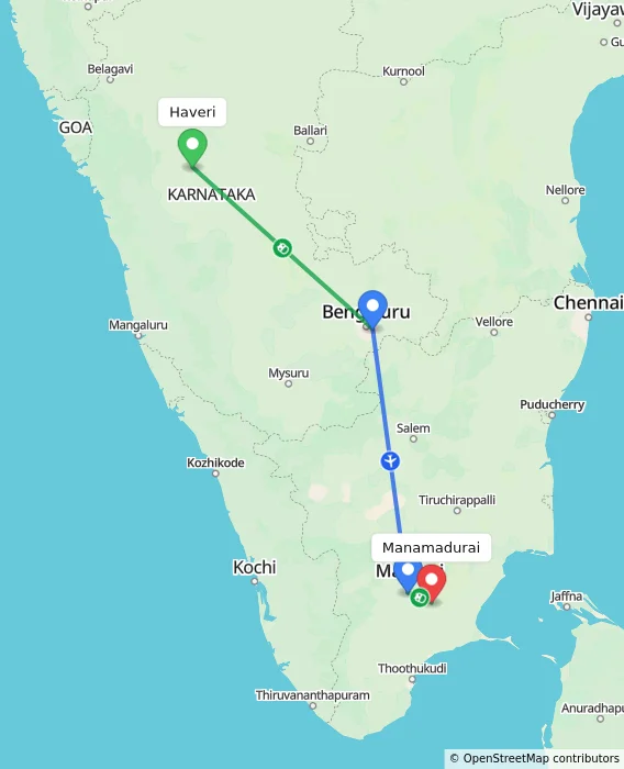 Route map showing distance and travel time from Haveri, India to Manamadurai, India