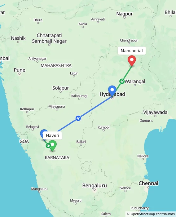 Route map showing distance and travel time from Haveri, India to Mancherial, India