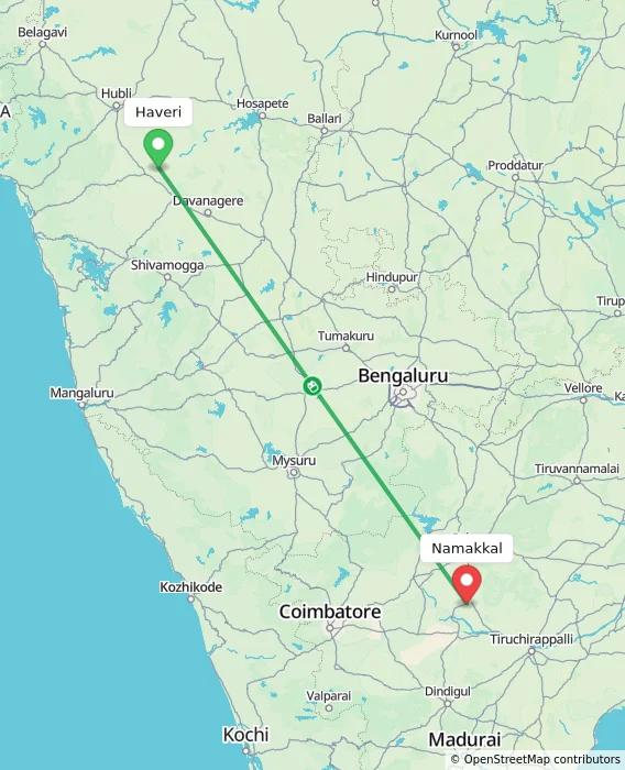 Route map showing distance and travel time from Haveri, India to Namakkal, India