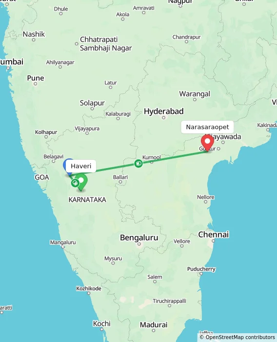 Route map showing distance and travel time from Haveri, India to Narasaraopet, India
