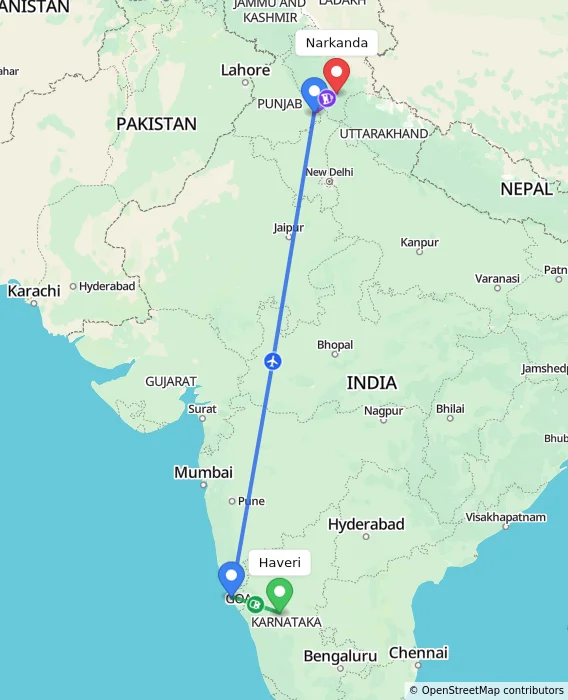 Route map showing distance and travel time from Haveri, India to Narkanda, India