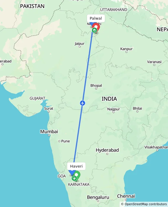Route map showing distance and travel time from Haveri, India to Palwal, India