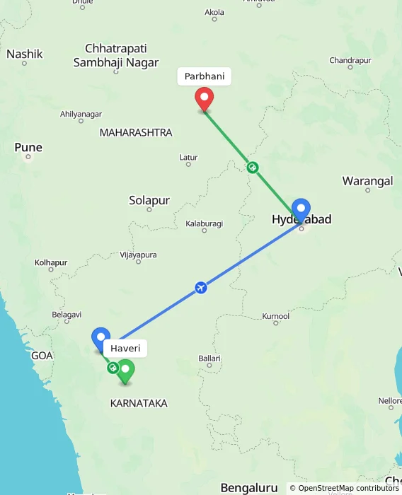 Route map showing distance and travel time from Haveri, India to Parbhani, India