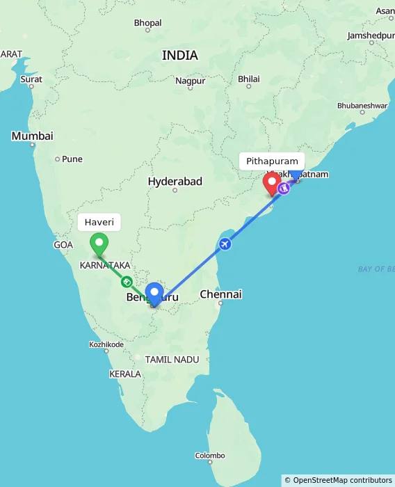 Route map showing distance and travel time from Haveri, India to Pithapuram, India