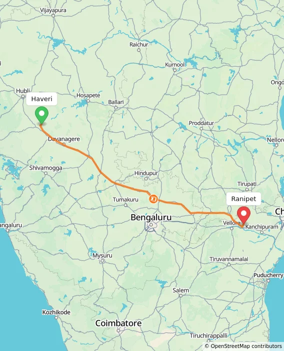 Route map showing distance and travel time from Haveri, India to Ranipet, India