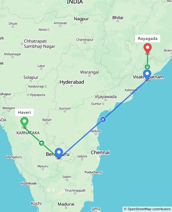 Route map showing distance and travel time from Haveri, India to Rayagada, India