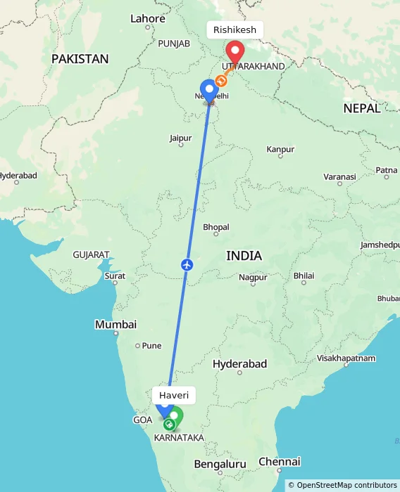 Route map showing distance and travel time from Haveri, India to Rishikesh, India