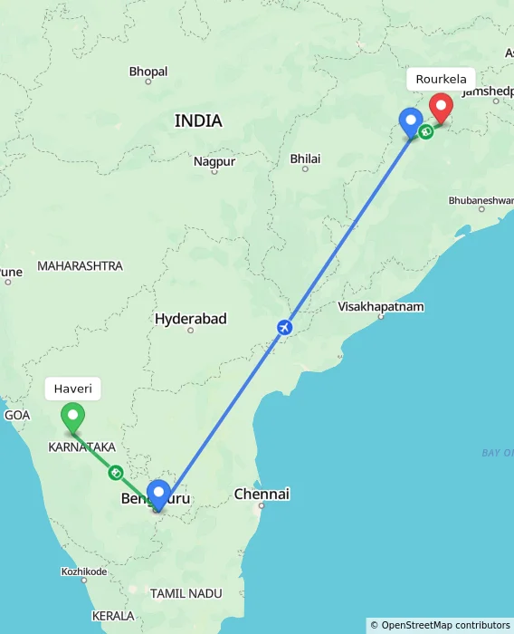 Route map showing distance and travel time from Haveri, India to Rourkela, India