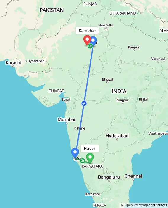 Route map showing distance and travel time from Haveri, India to Sambhar, India