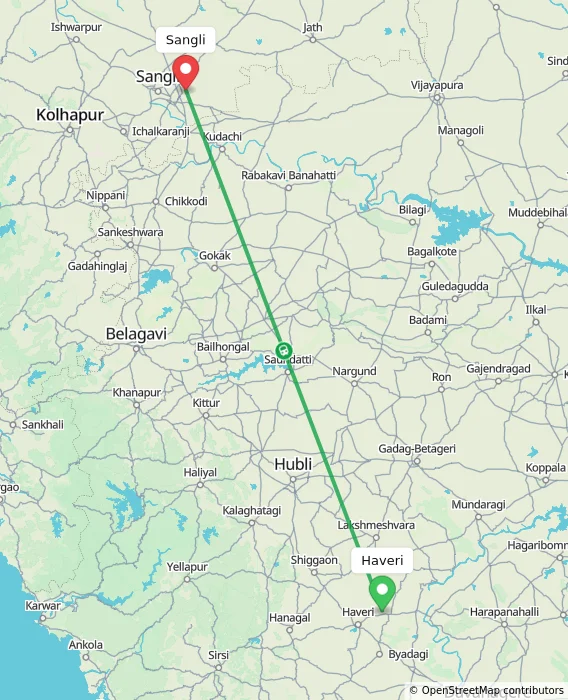 Route map showing distance and travel time from Haveri, India to Sangli, India