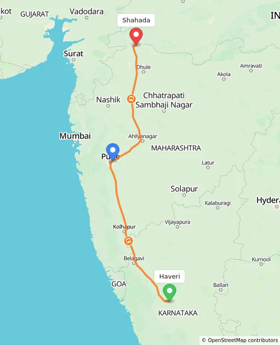 Route map showing distance and travel time from Haveri, India to Shahada, India