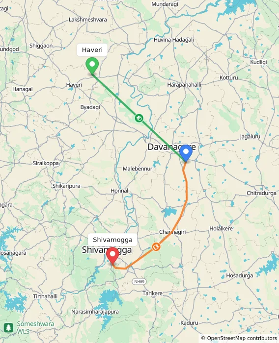 Route map showing distance and travel time from Haveri, India to Shivamogga, India