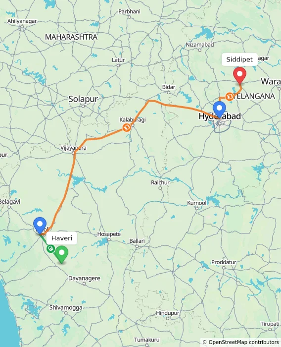 Route map showing distance and travel time from Haveri, India to Siddipet, India