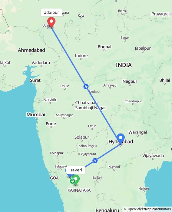 Route map showing distance and travel time from Haveri, India to Udaipur, India
