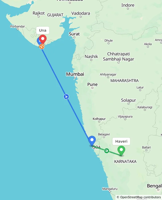 Route map showing distance and travel time from Haveri, India to Una, India