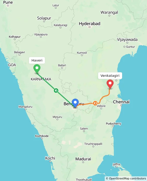 Route map showing distance and travel time from Haveri, India to Venkatagiri, India