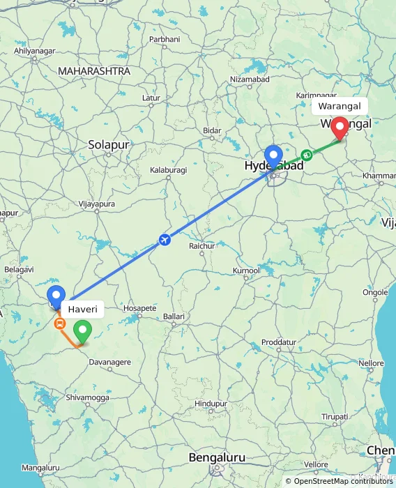 Route map showing distance and travel time from Haveri, India to Warangal, India