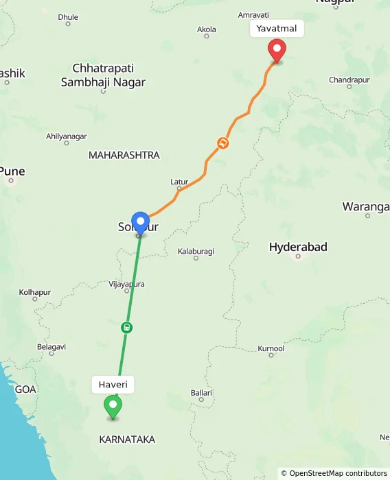 Route map showing distance and travel time from Haveri, India to Yavatmal, India