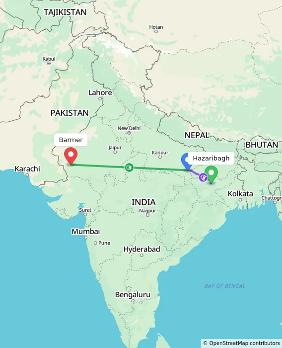 Route map showing distance and travel time from Hazaribagh, India to Barmer, India