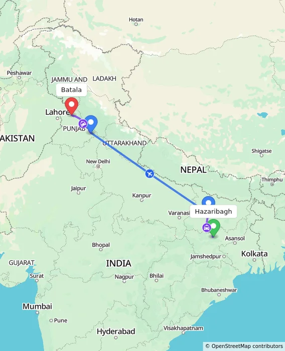 Route map showing distance and travel time from Hazaribagh, India to Batala, India