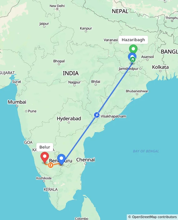 Route map showing distance and travel time from Hazaribagh, India to Belur, India