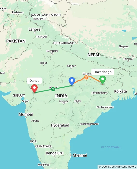 Route map showing distance and travel time from Hazaribagh, India to Dahod, India